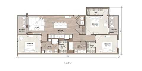 Floor plan for 3 beds, 2 baths, 1464 sqft